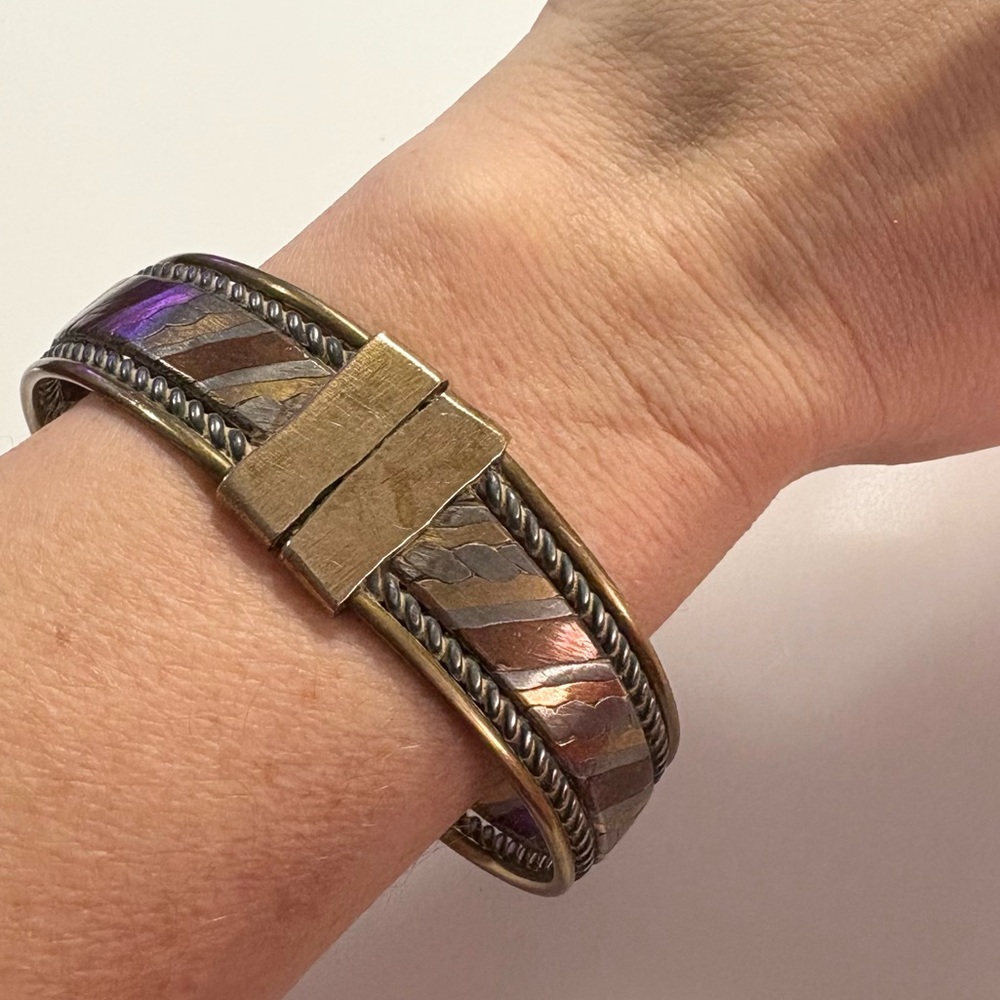 Vintage Mixed Metal Bohemian Copper Brass Silver Tone Cuff Bracelet Bangle - Picture 10 of 16